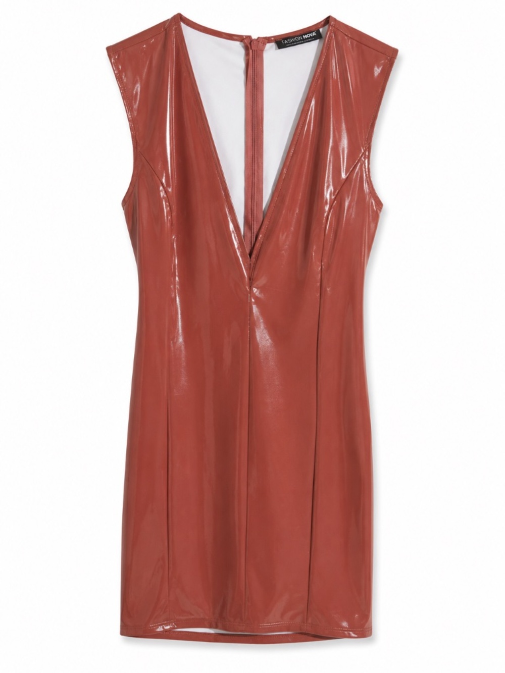 Fashion Nova Rust Faux Leather Deep V-Neck Mini Dress